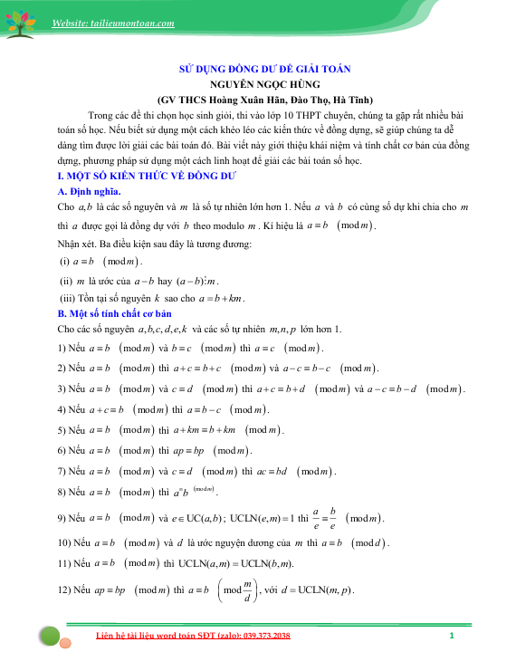 Sử dụng đồng dư thức để giải toán